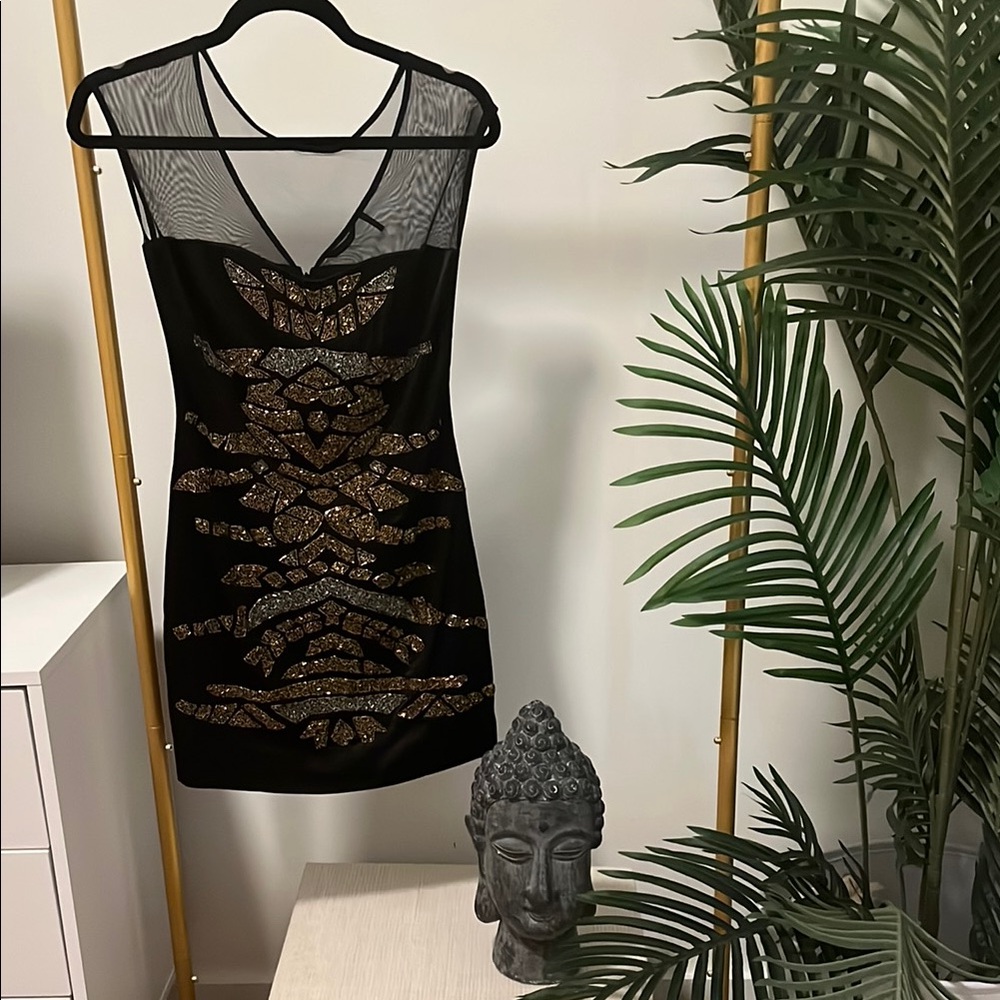 Black and Gold Mesh Mini Dress